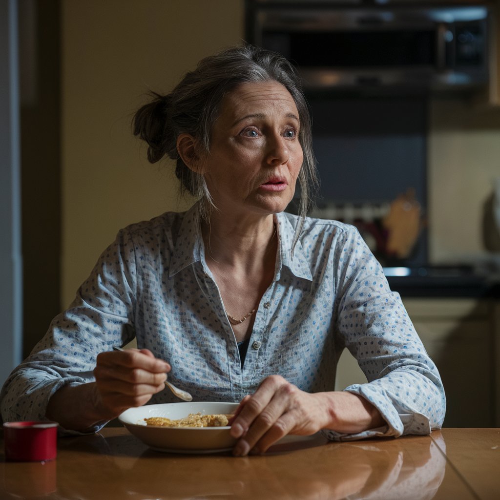 A woman holding a conversation over a meal in a kitchen | Source: Midjourney