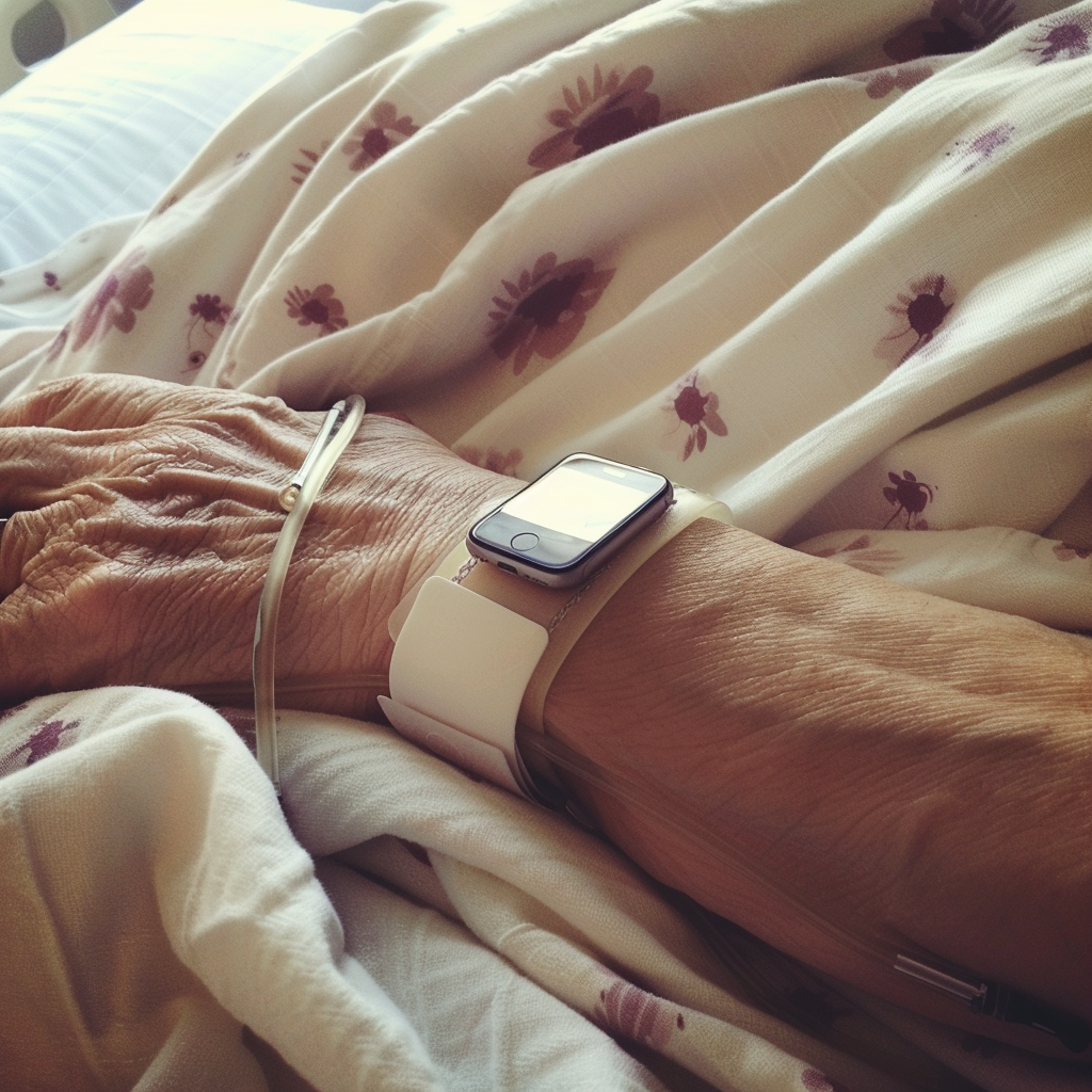 A close-up of a woman's IV and hospital band | Source: Midjourney