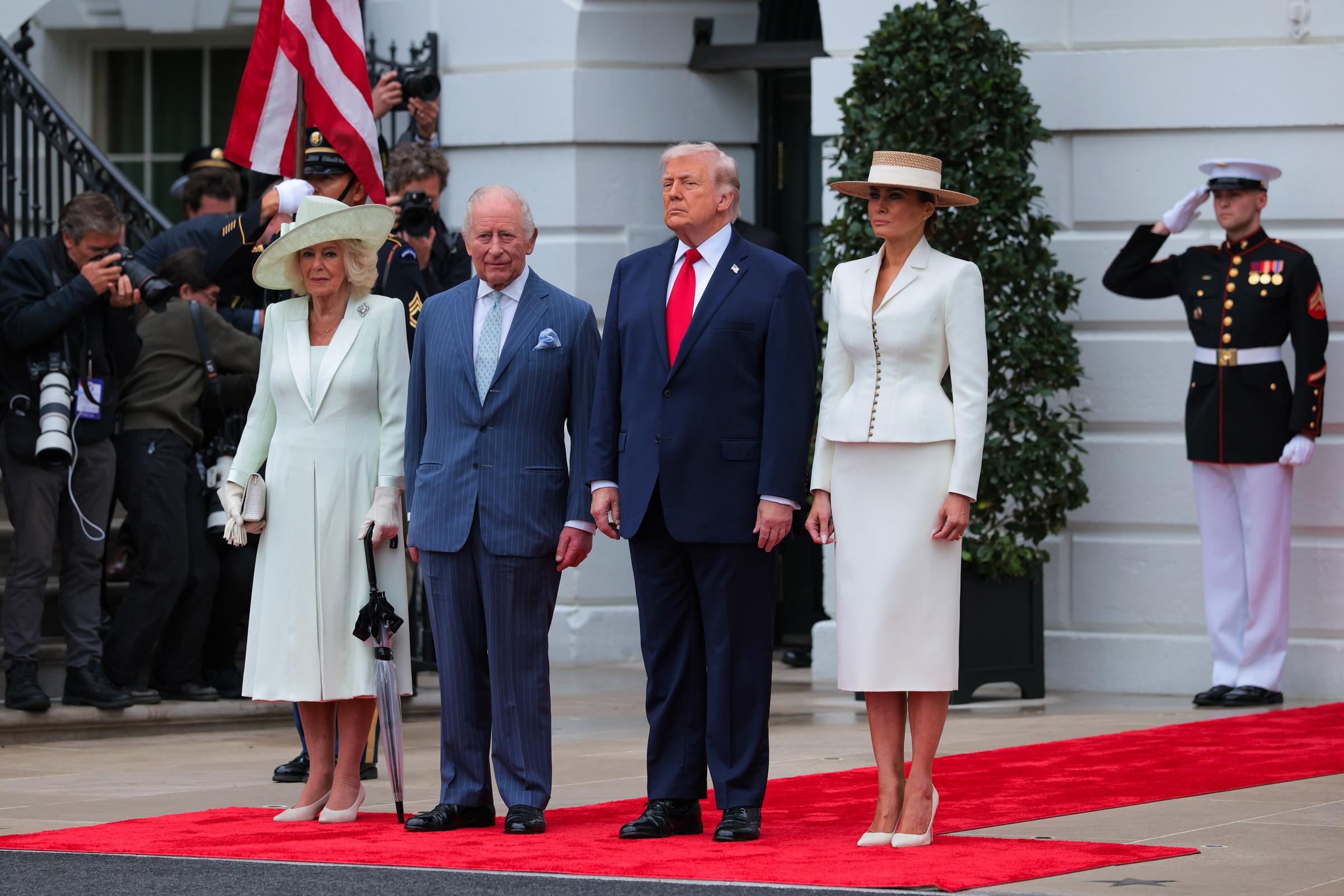 Queen Camilla, King Charles III, Donald, and Melania Trump pose during a state arrival ceremony on the South Lawn of the White House on April 28, 2026 in Washington, DC | Source: Getty Images