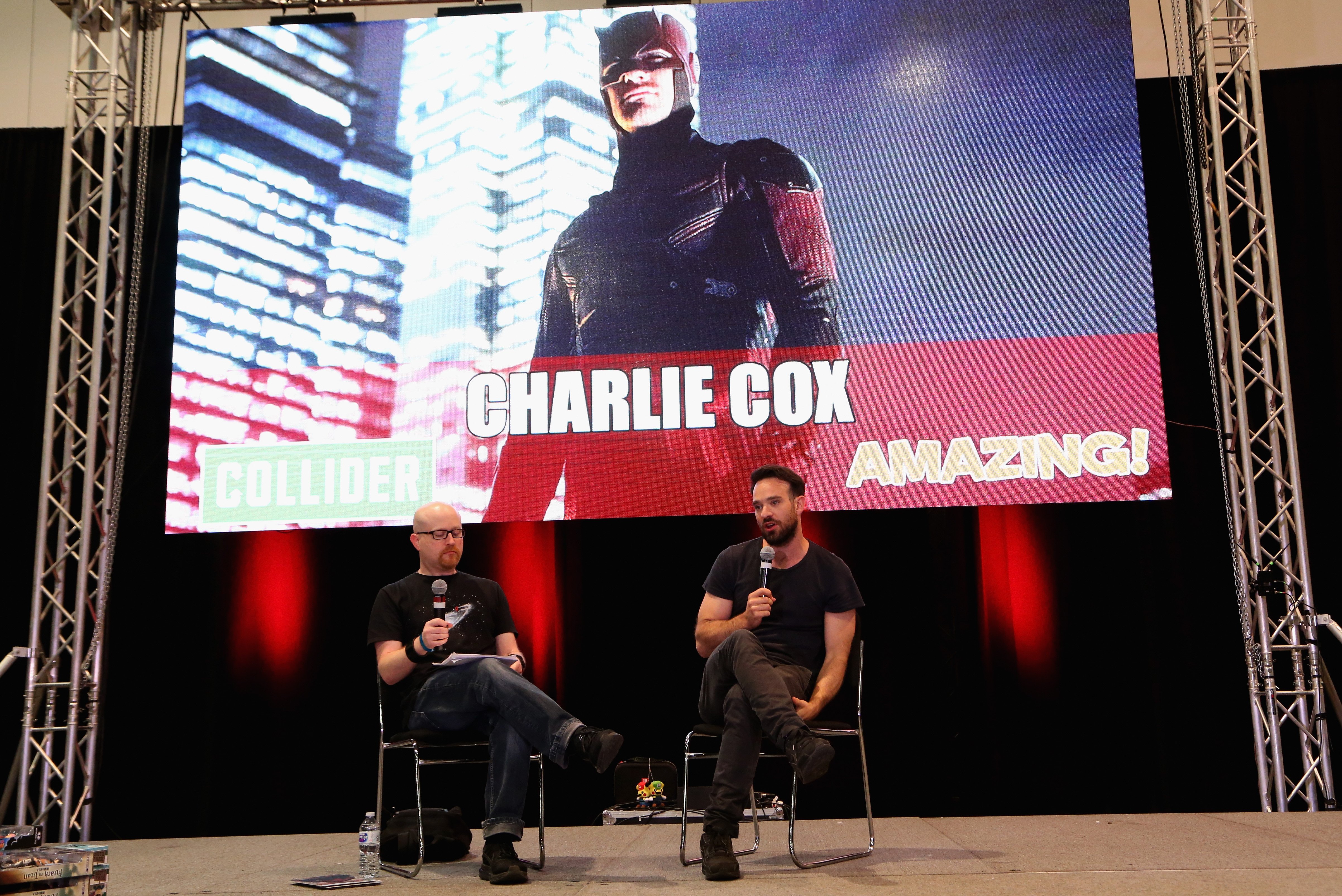 Collider Editor-in-Chief Steve "Frosty" Weintraub (L) and actor Charlie Cox speak during the "Daredevil" panel at the sixth annual Amazing Las Vegas Comic Con at the Las Vegas Convention Center on July 1, 2018 in Las Vegas, Nevada. | Source: Getty Images