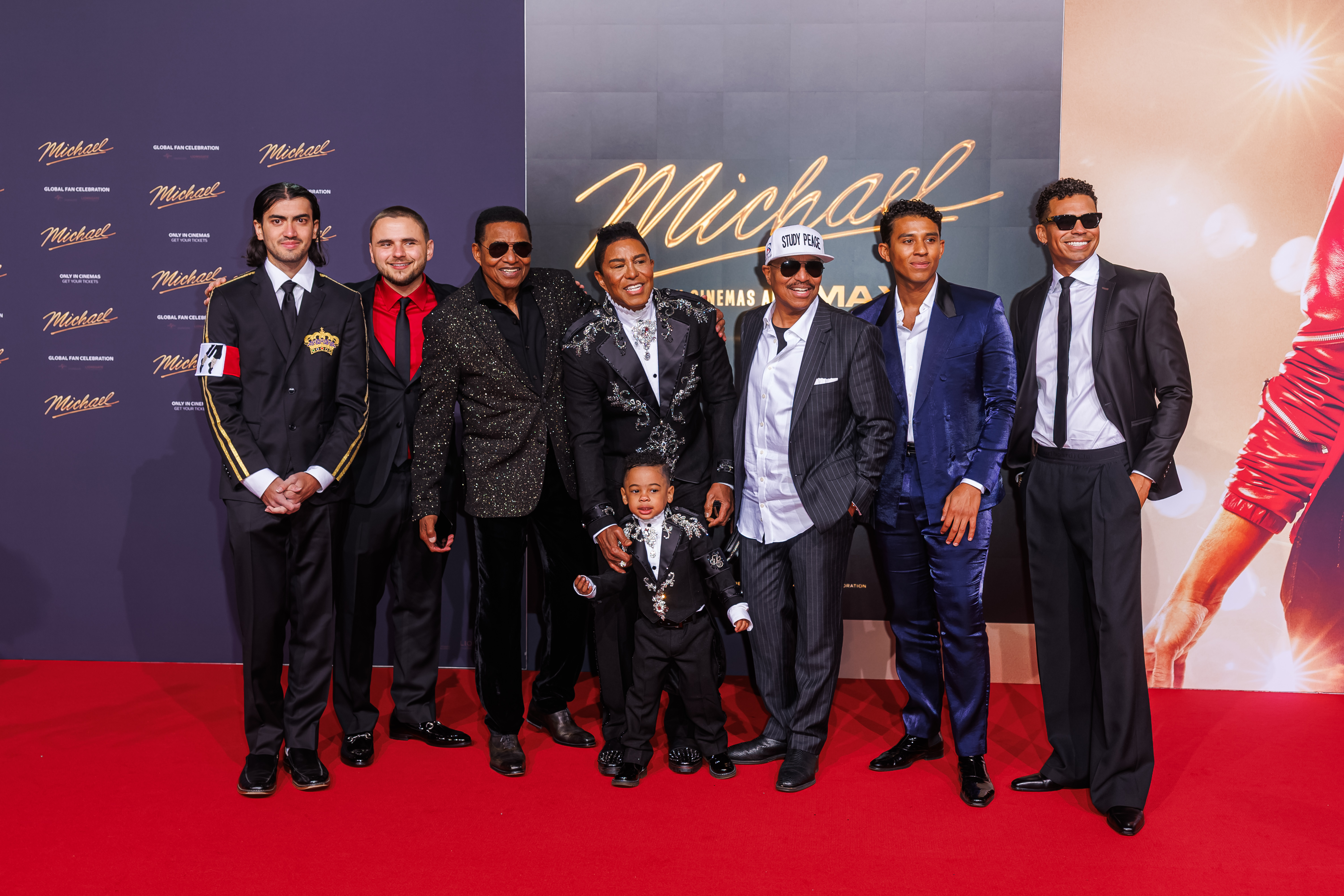 Bigi Jackson, Prince Jackson, Jackie Jackson, Jermaine Jackson, Marlon Jackson, Jermajesty Jackson and Randy Jackson Jr. attend the "Michael" premiere at Uber Eats Music Hall on April 10, 2026, in Berlin, Germany.