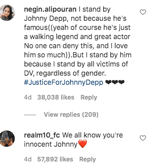 Fans' comments under a letter posted by Johnny Depp on his Instagram page. | Photo: Instagram/johnnydepp