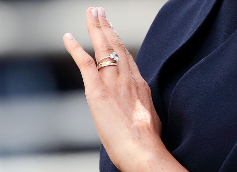 Meghan, Duchess of Sussex (ring detail) as she rides in carriage during Trooping The Colour on June 8, 2019 | Photo: Getty Images