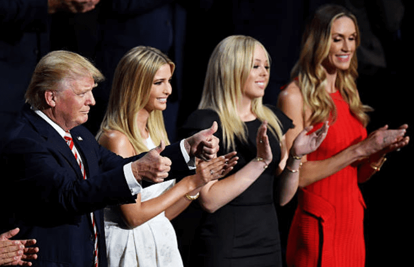 Donald Trump, Ivanka Trump, Tiffany Trump and Lara Trump support Eric Trump as he delivers his speech during Republican National Convention on July 20, 2016, at the Quicken Loans Arena in Cleveland | Source: Getty Images