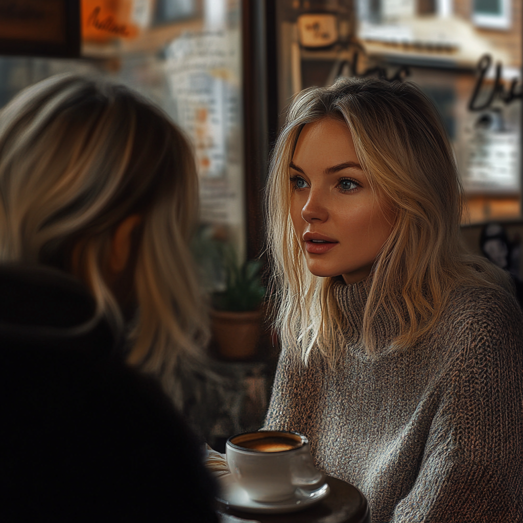 A woman talking to her friend in a cafe | Source: Midjourney