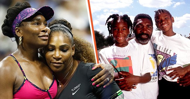 Serena and Venus Williams hug each other after a tennis match [Left] | Serena and Venus Williams in a photo with their dad at a young age. [Right] | Photo: Getty Images