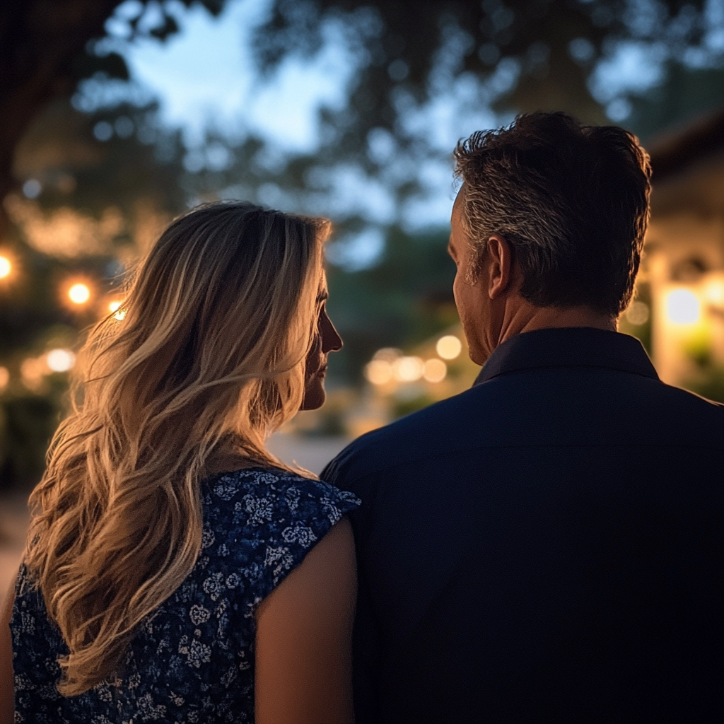 A couple standing outside at night | Source: Midjourney