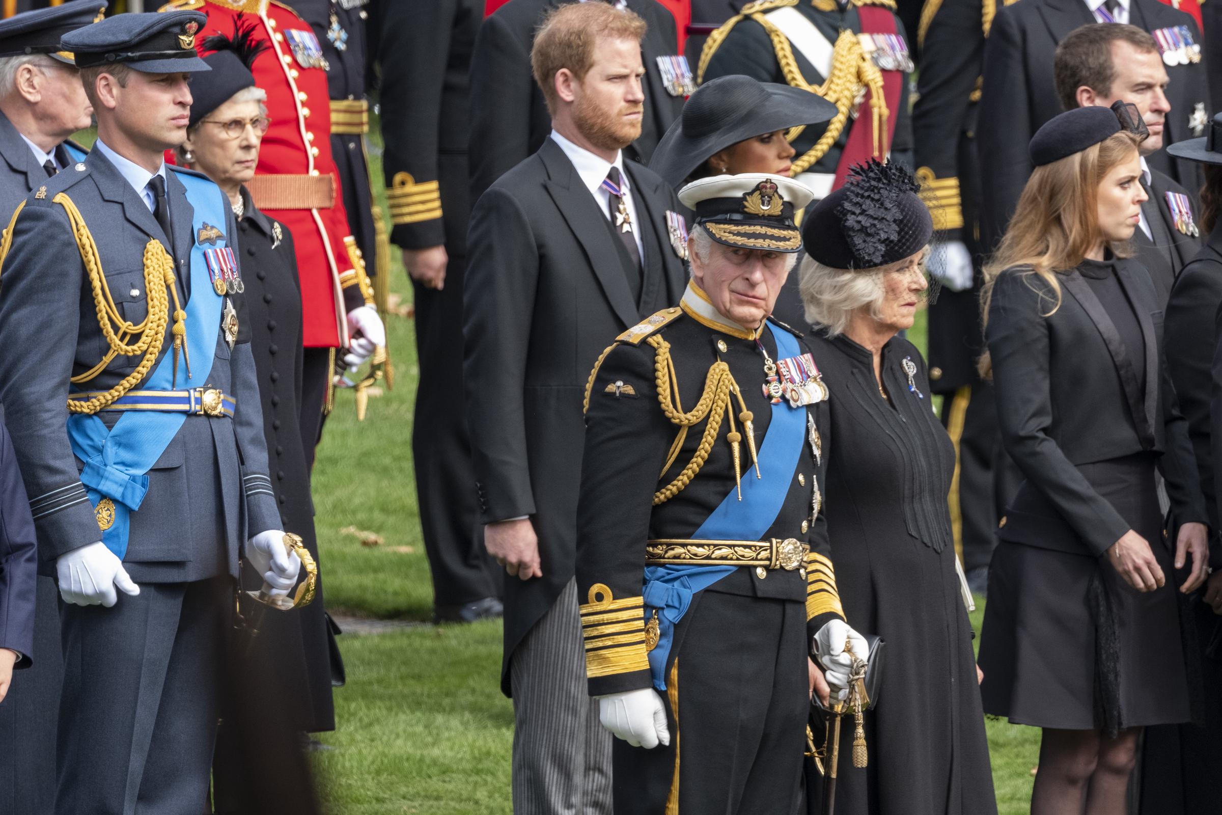 Prince Harry, Prince William, King Charles, Queen Camilla, and other royal family members watch as the coffin of the late Queen Elizabeth II leaves in the state hearse from Wellington Arch in London, England on September 19, 2022 | Source: Getty Images
