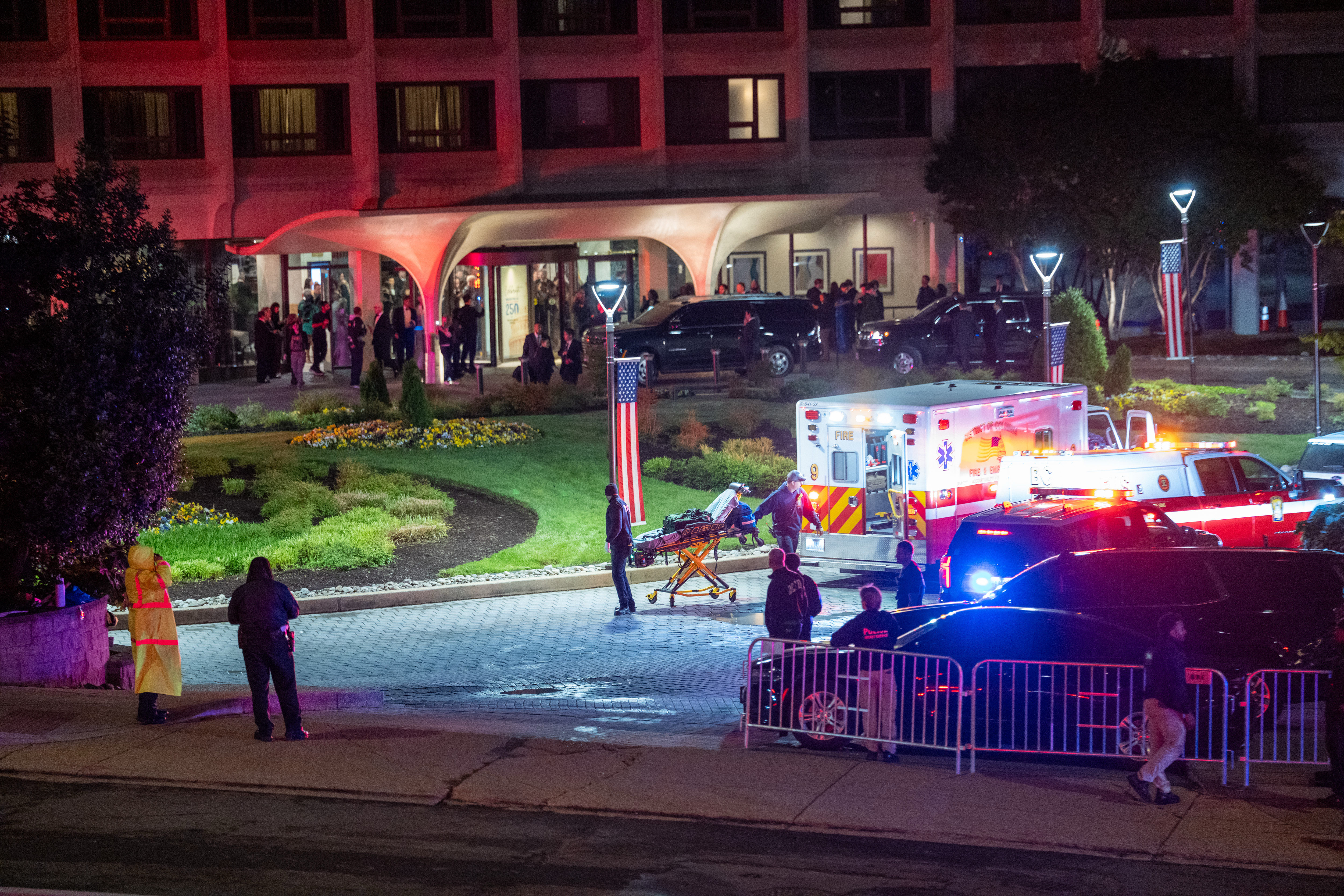 DC Fire and EMS units arrive at the Washington Hilton Hotel, where shots were fired near the White House Correspondents' Dinner in Washington, D.C. on April 25, 2026 | Source: Getty Images