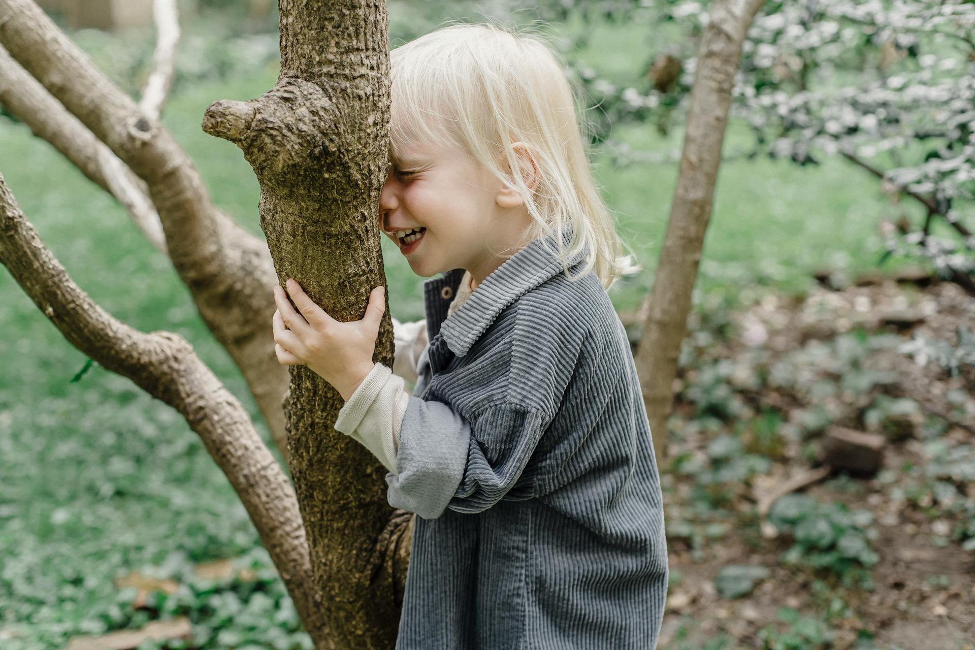 A little boy holding a tree