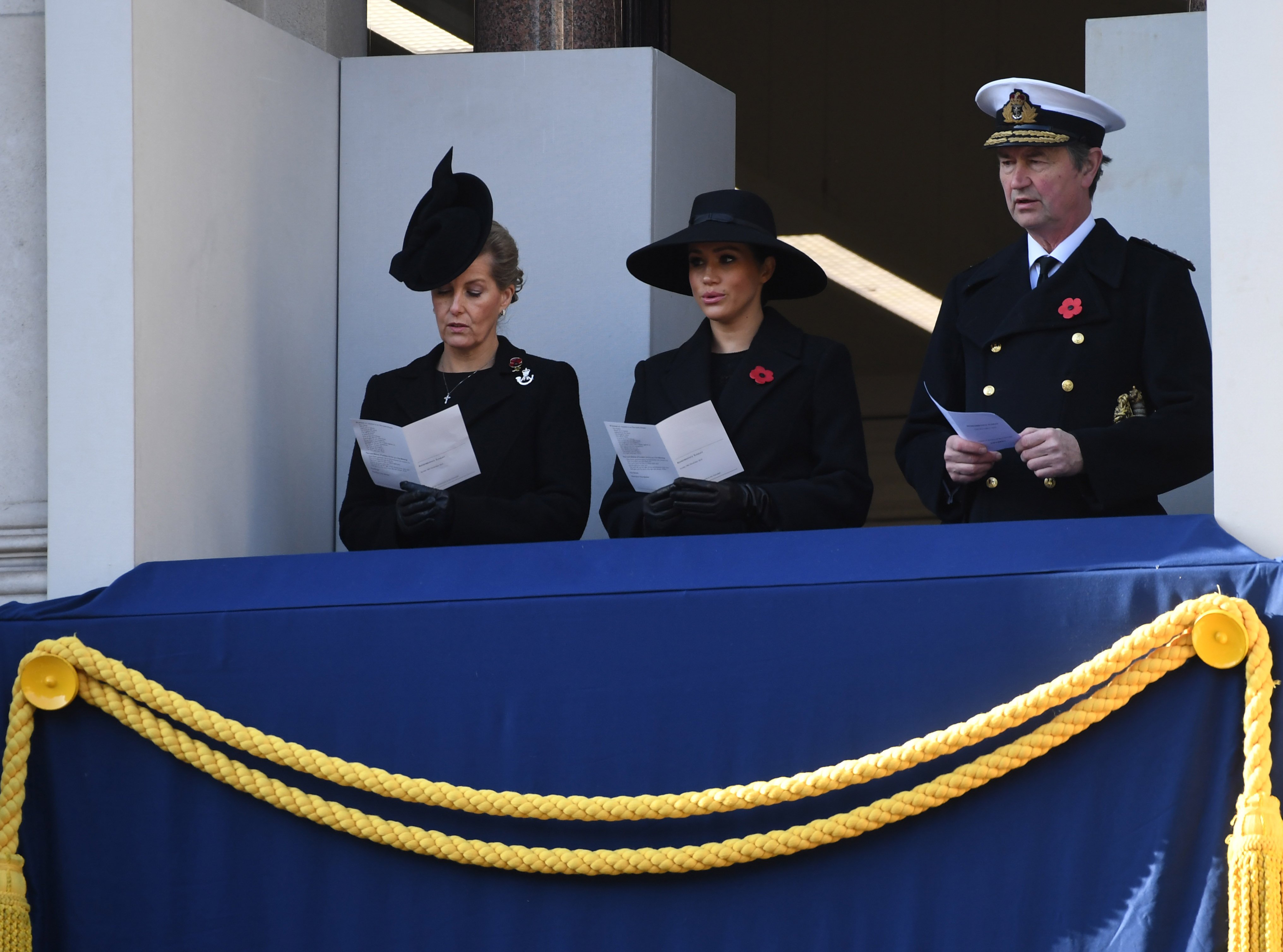 Sophie, Countess of Wessex, Meghan, Duchess of Sussex and Vice Admiral Sir Timothy Laurence attends the annual Remembrance Sunday memorial at The Cenotaph on November 10, 2019, in London, England. | Source: Getty Images.