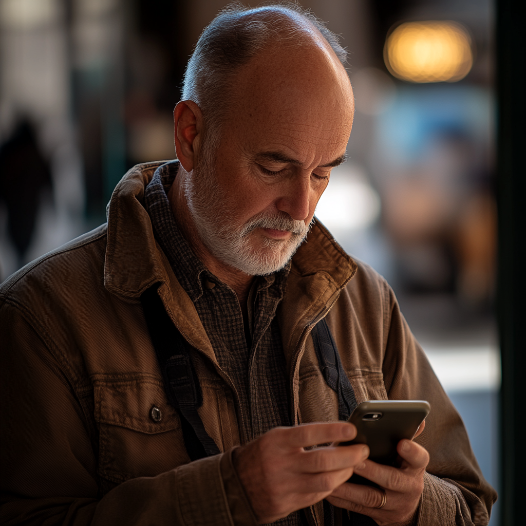 A middle-aged man texting on his phone | Source: Midjourney