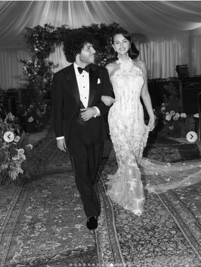 Selena Gomez and Benny Blanco are seen in a black-and-white photo, from a post dated September 30, 2025 | Source: Instagram/selenagomez