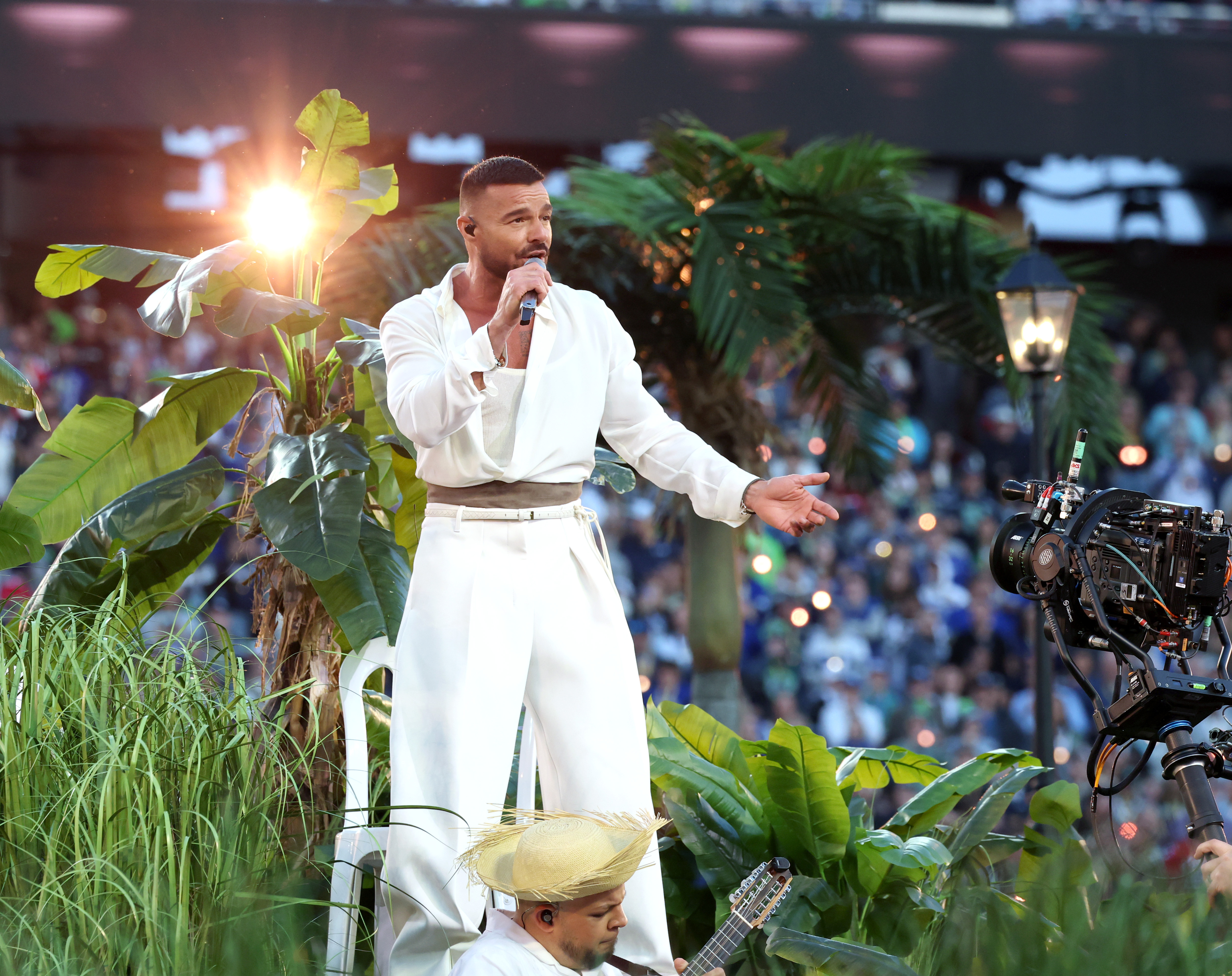 Ricky Martin singing onstage as part of Bad Bunny's Super Bowl Halftime Show. | Source: Getty Images