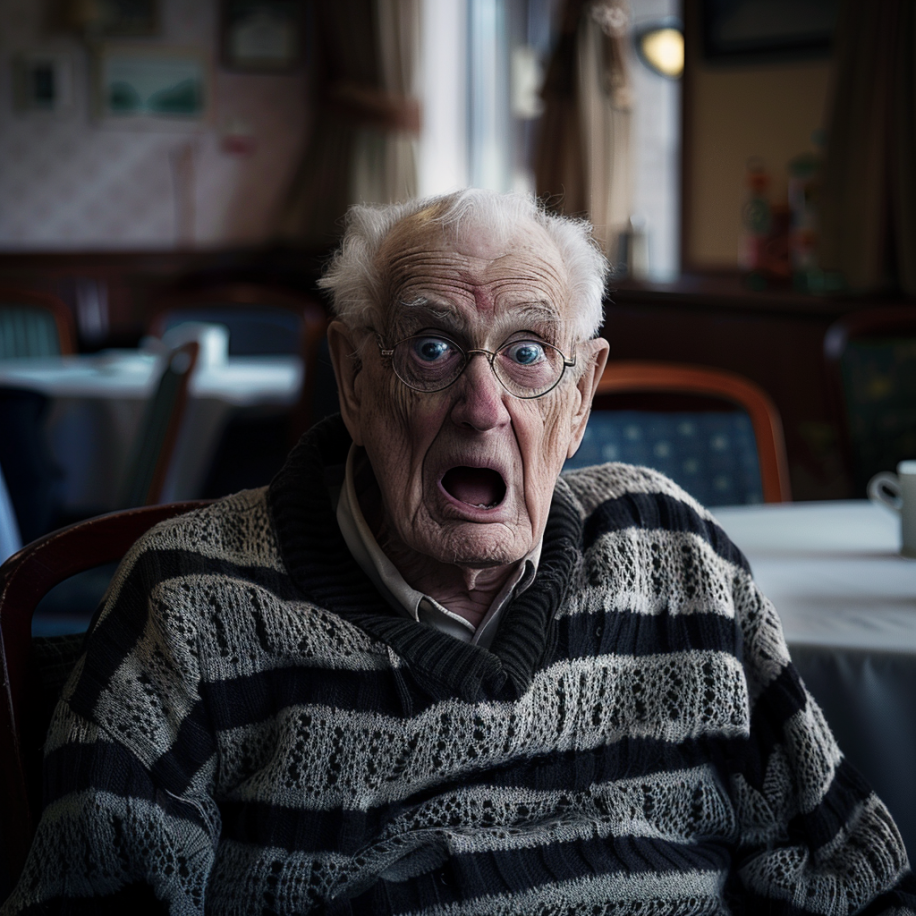 An extremely shocked elderly man in a nursing home café | Source: Midjourney