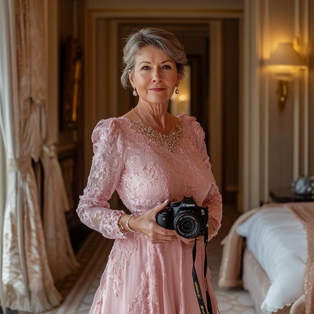 A woman standing in a hotel room holding a camera | Source: Midjourney