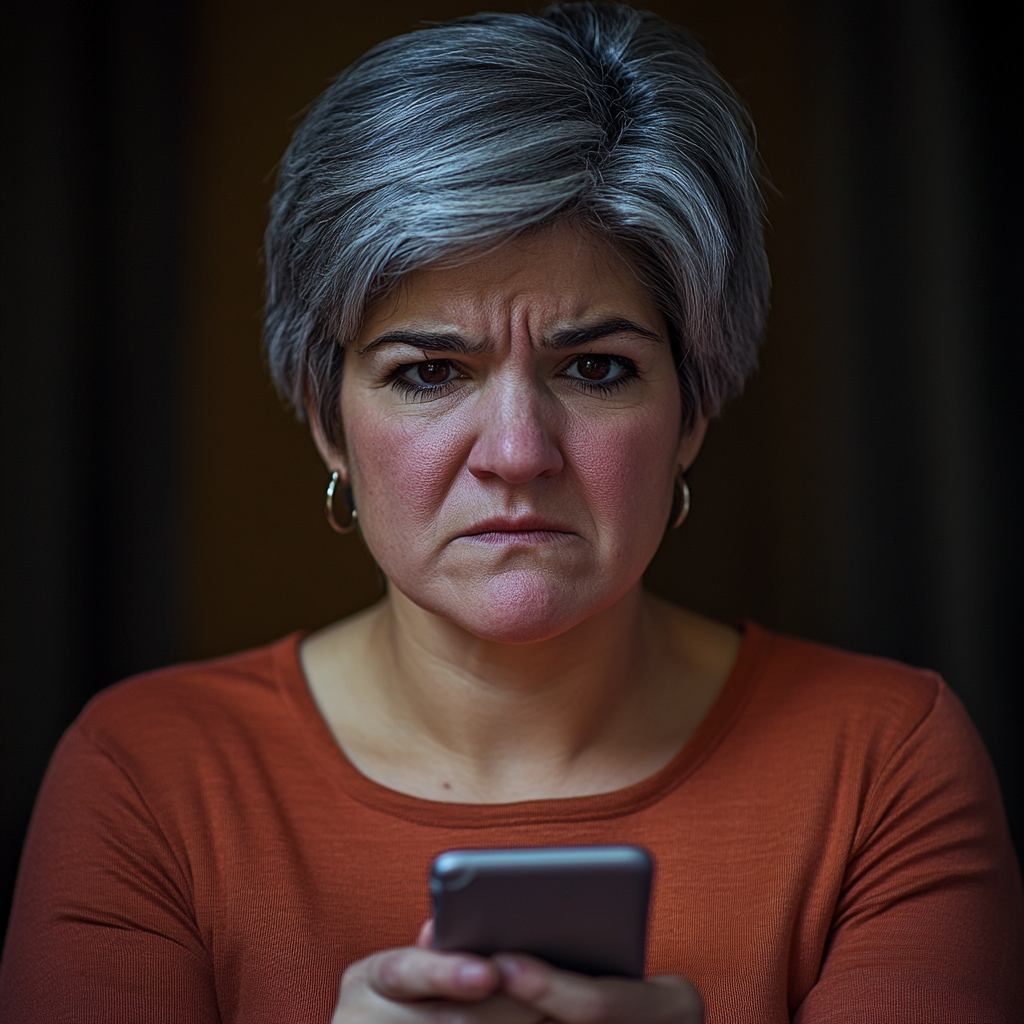 An upset woman looking up while holding her phone | Source: Midjourney