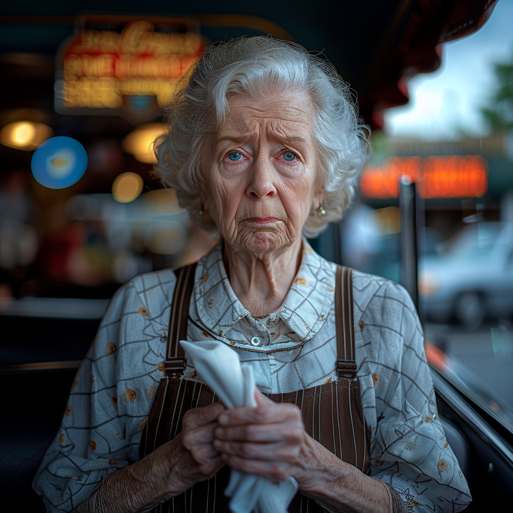 An old diner lady holding a napkin | Source: Midjourney