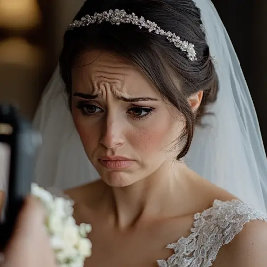 A bride with a shocked expression watches as someone shows her an image on a camera's screen | Source: Midjourney