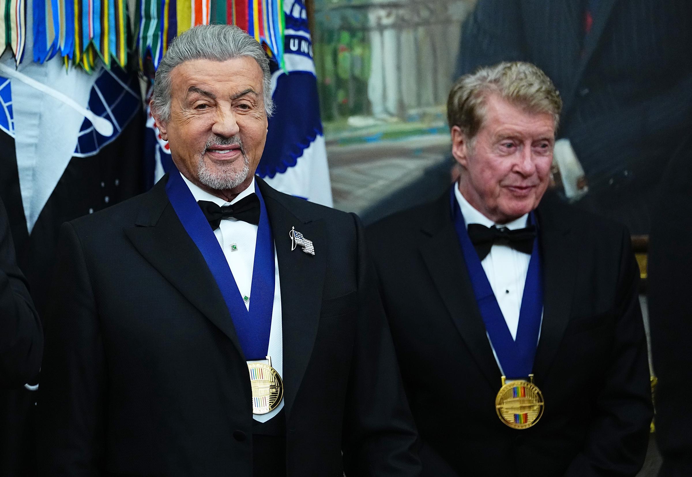 Actor Sylvester Stallone and actor Michael Crawford look on during a medal presentation ceremony with U.S. President Donald Trump for the 2025 Kennedy Center Honorees