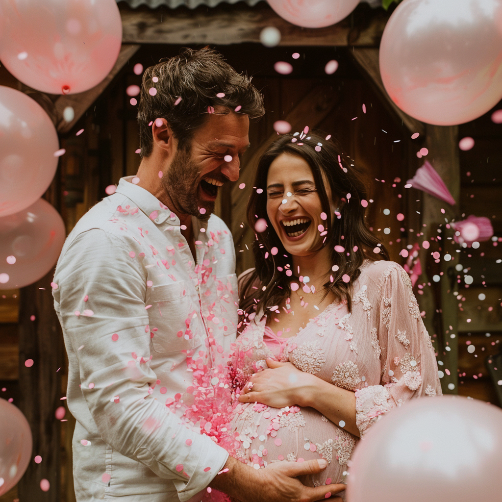 A pregnant couple rejoices as pink confetti fills the air | Source: Midjourney