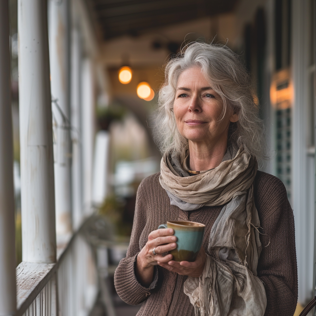 A senior woman holding a mug of coffee while standing on the front porch | Source: Midjourney