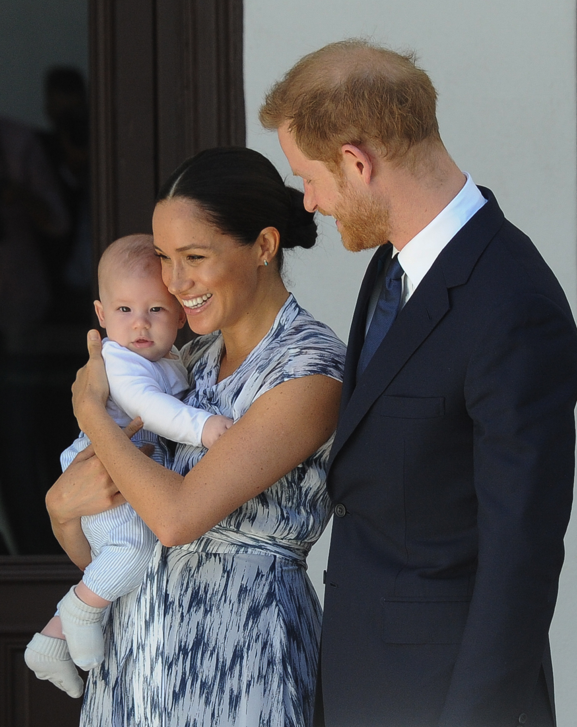 Prince Harry and his wife Meghan Markle hold their son Archie as they meet with Archbishop Desmond Tutu and his wife (unseen) at the Tutu Legacy Foundation on September 25, 2019,  in Cape Town, South Africa. | Source: Getty Images