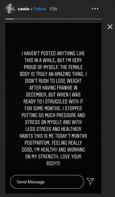 Screenshot of Cassie's Instagram story about body positivity. | Source: Instagram.com/Cassie