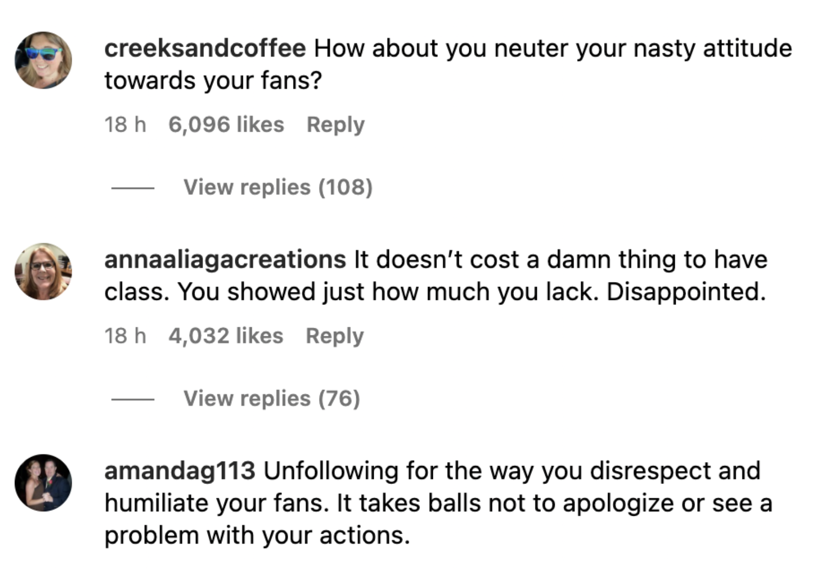 Screenshots of comments on Miranda Lambert's Instagram post. | Source: Instagram/MirandaLambert