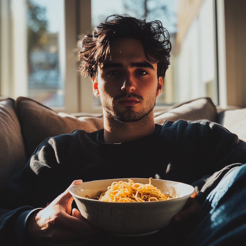 A man sitting on a couch with a bowl of noodles | Source: Midjourney