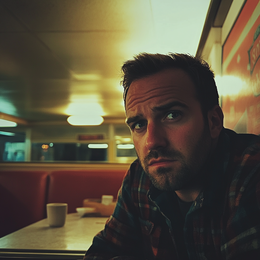 An upset man sitting in a diner | Source: Midjourney