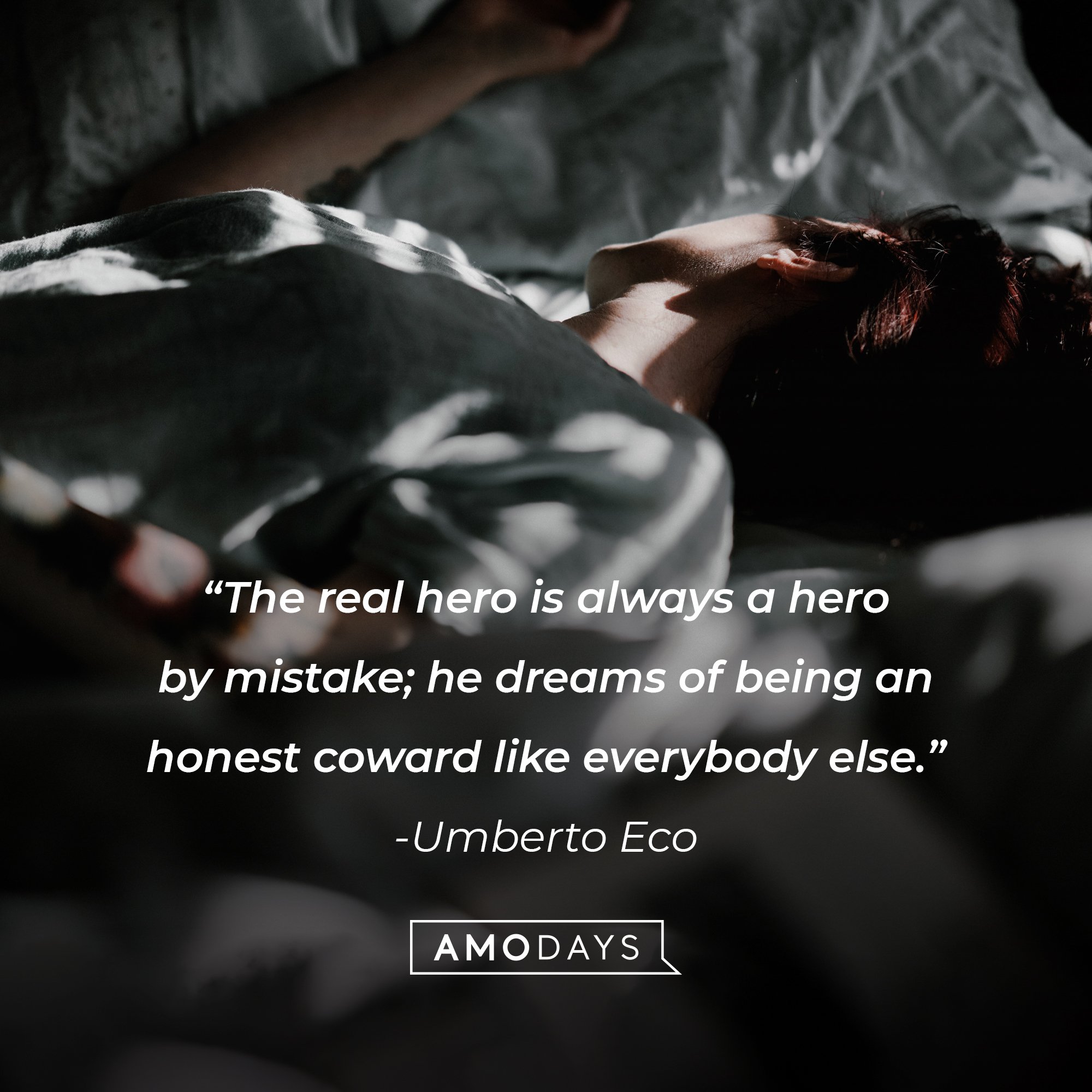 Umberto Eco's quote: "The real hero is always a hero by mistake; he dreams of being an honest coward like everybody else." | Image: AmoDays