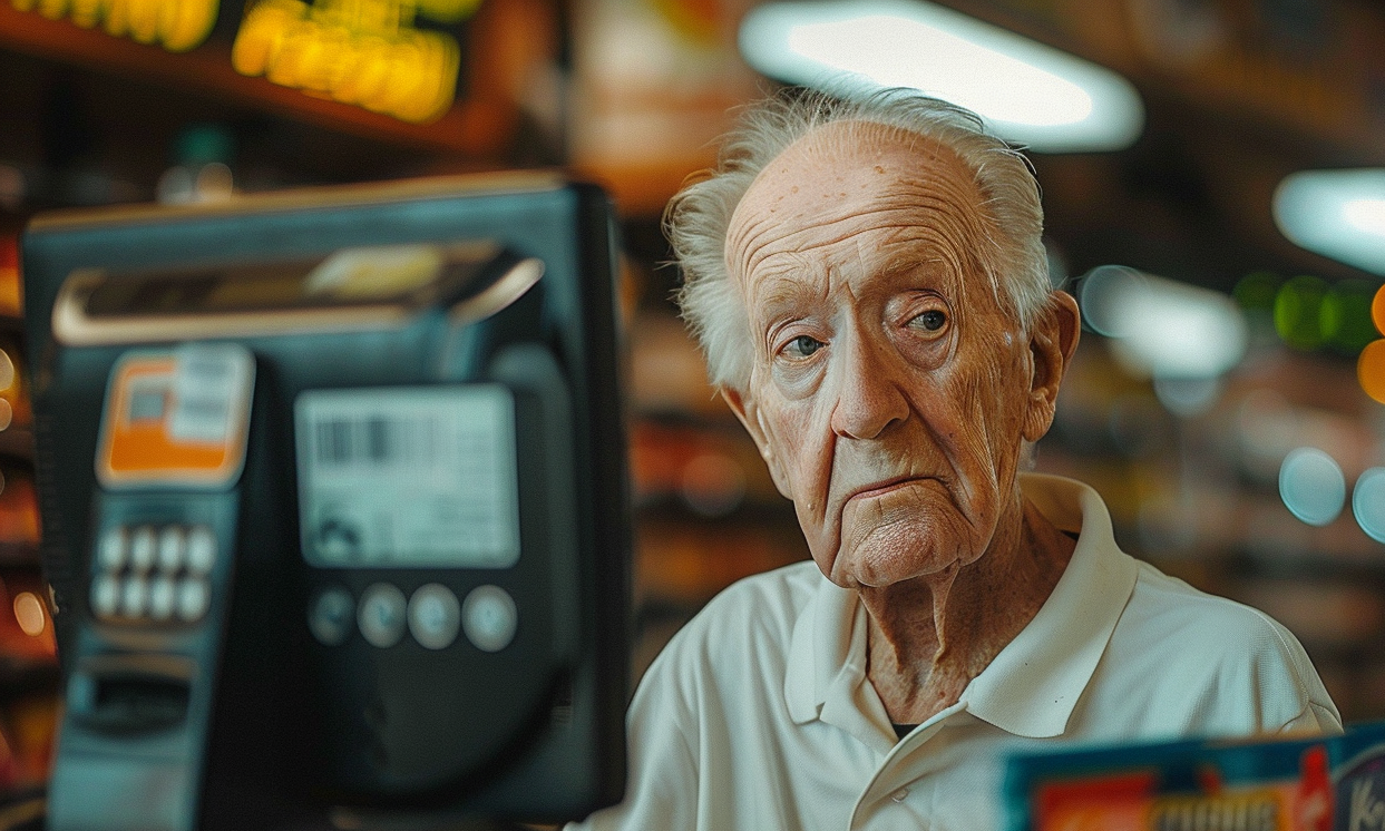 An older man working at a check-out counter | Source: Midjourney