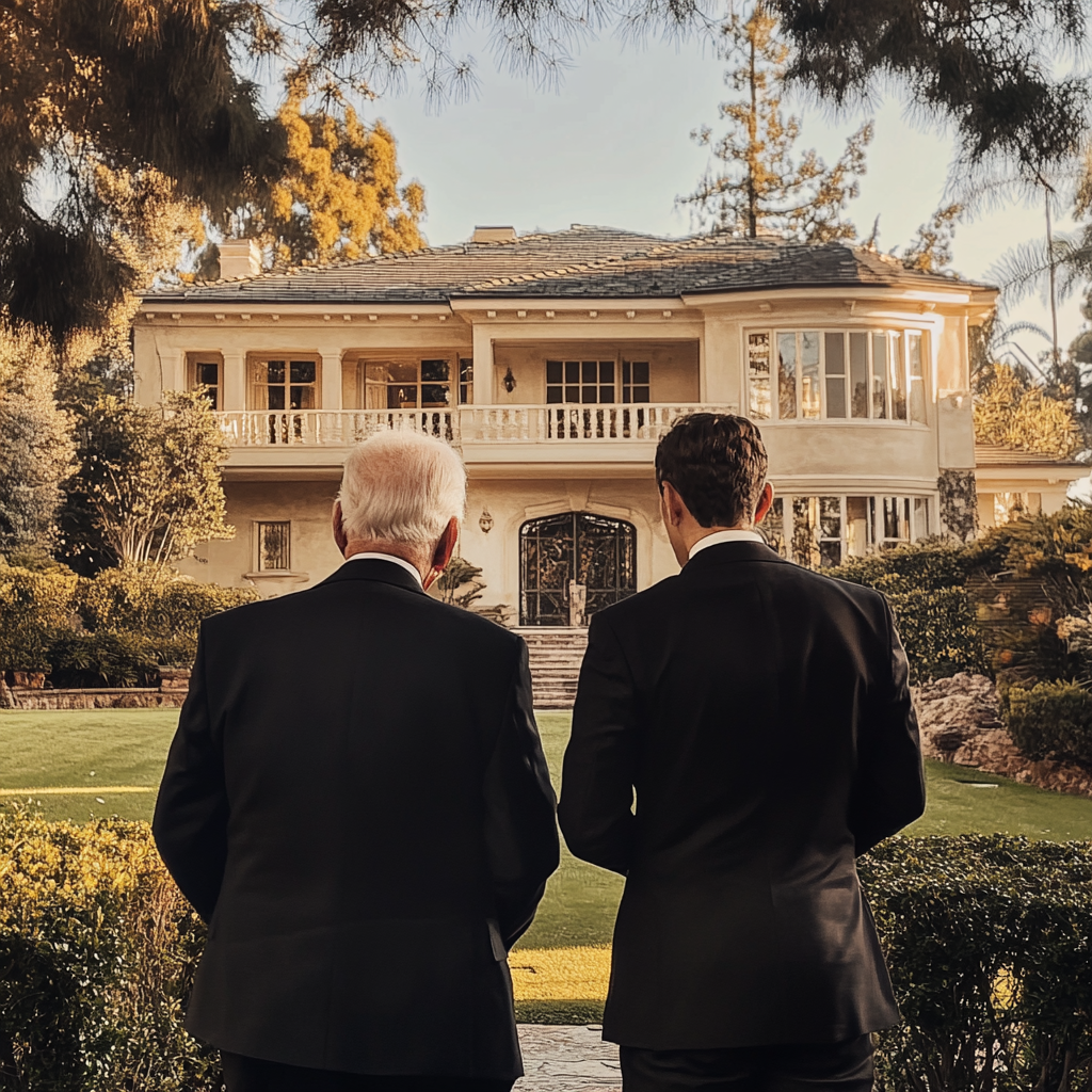 A young man and an elderly man looking at a beautiful house | Source: Midjourney