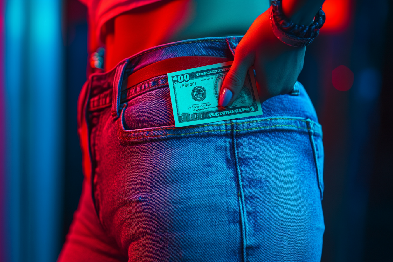 A woman taking money out of her pocket | Source: Midjourney