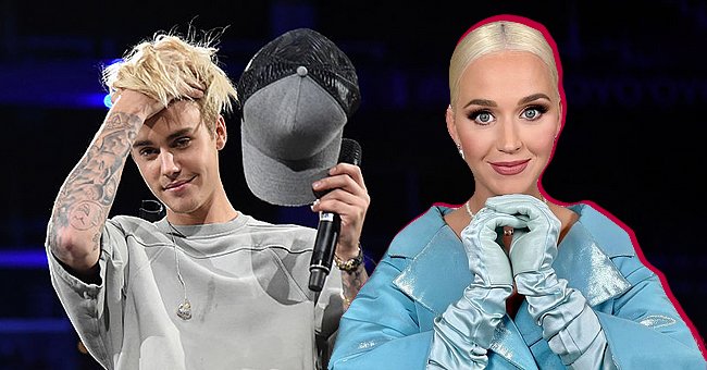 Side-by-side photos of Justin Bieber speaking onstage during An Evening With Justin Bieber at Staples Center on November 13, 2015 in Los Angeles, California and singer Katy Perry in a coordinated blue outfit | Photo: Getty Images and Instagram/@/katyperry