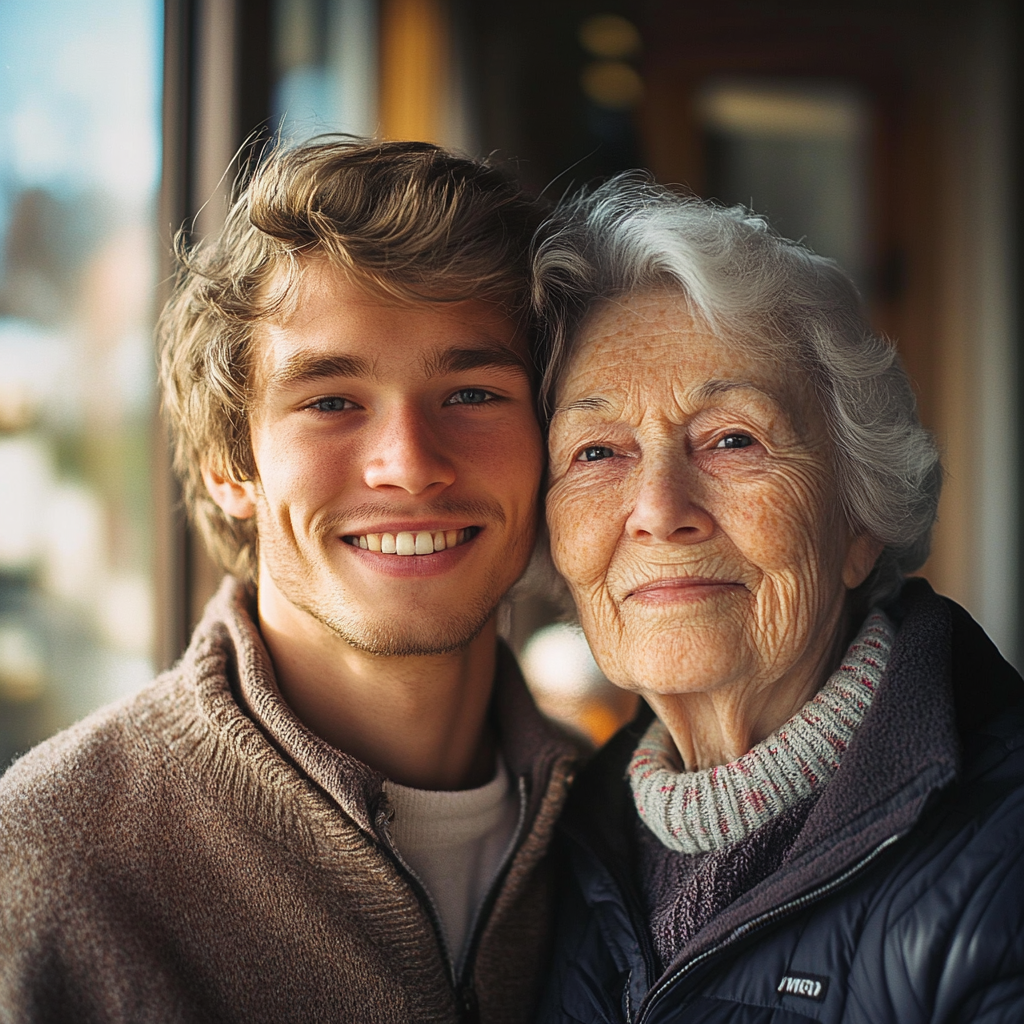 A happy man posing with his mother | Source: Midjourney