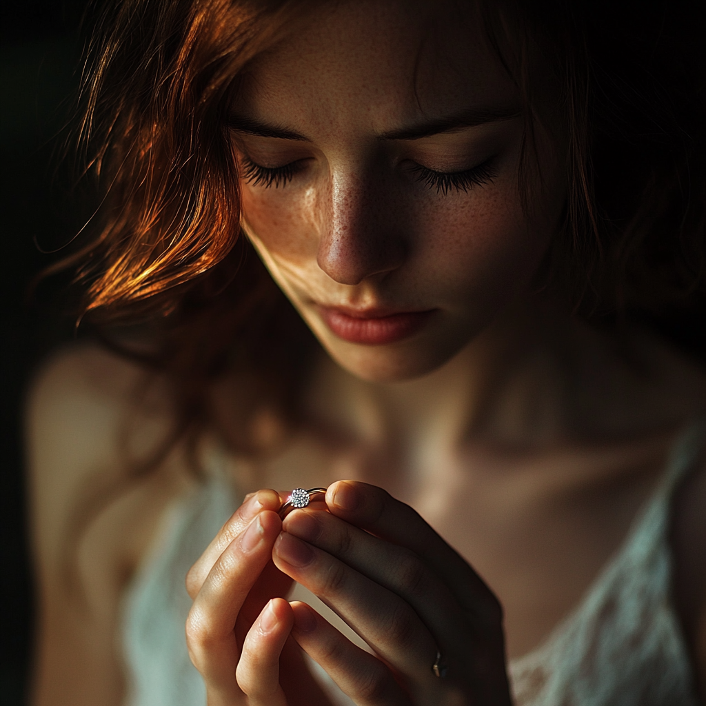 A woman holding an engagement ring | Source: Midjourney