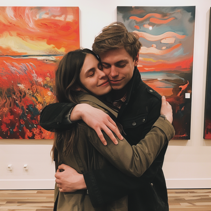 A brother-sister duo share a hug in an art gallery | Source: Midjourney