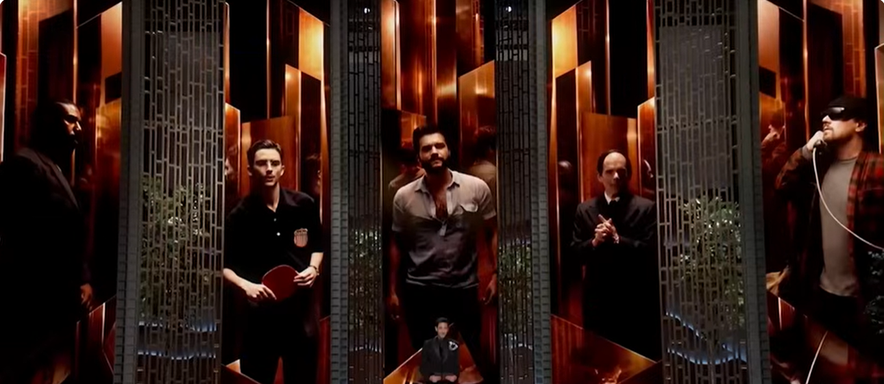 Michael B. Jordan, Timothée Chalamet, Wagner Moura, Ethan Hawke, and Leonardo DiCaprio stand in separate narrow compartments on a sleek, gold-lit set. | Source: YouTube/ABCNews