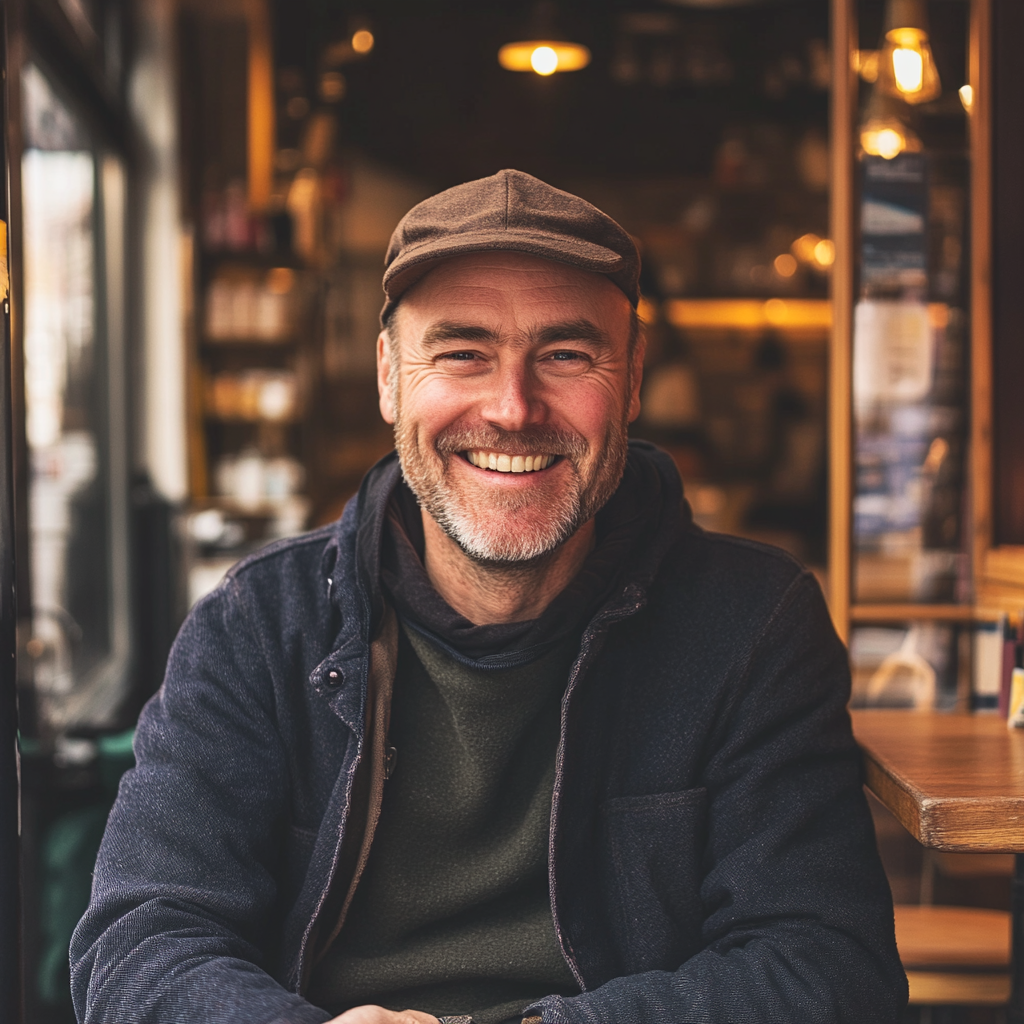 A man smiles softly while sitting in a café | Source: Midjourney