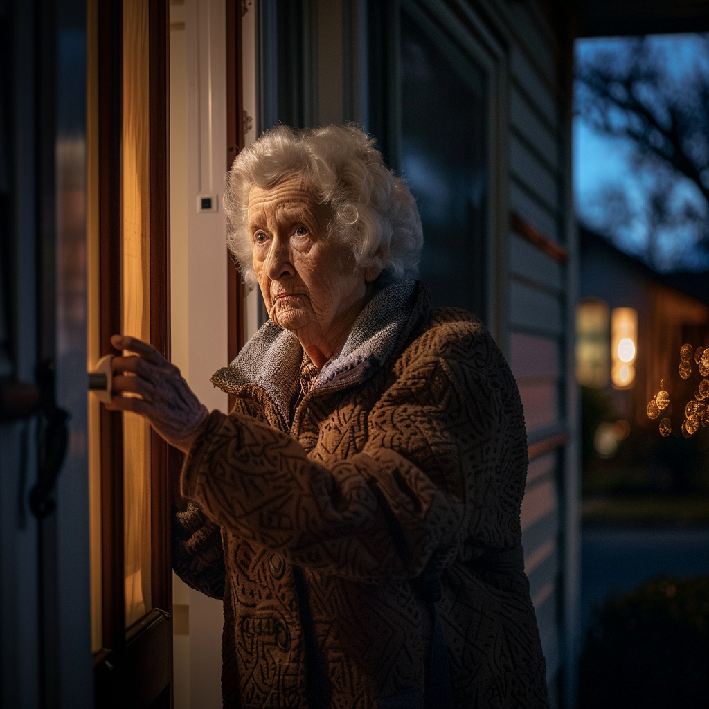 An elderly woman standing outside a house in the middle of the night | Source: Midjourney