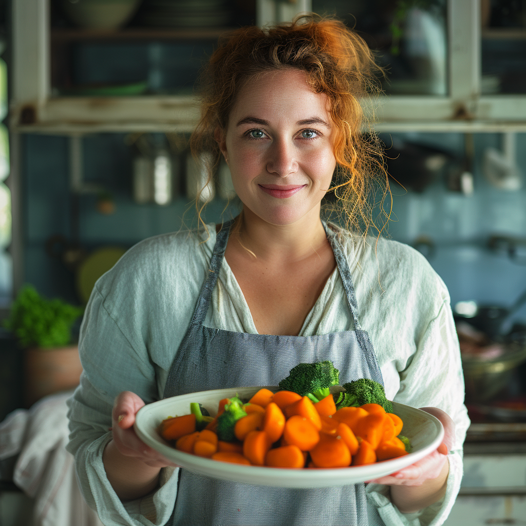 A woman holding a plate with veggies | Source: Midjourney