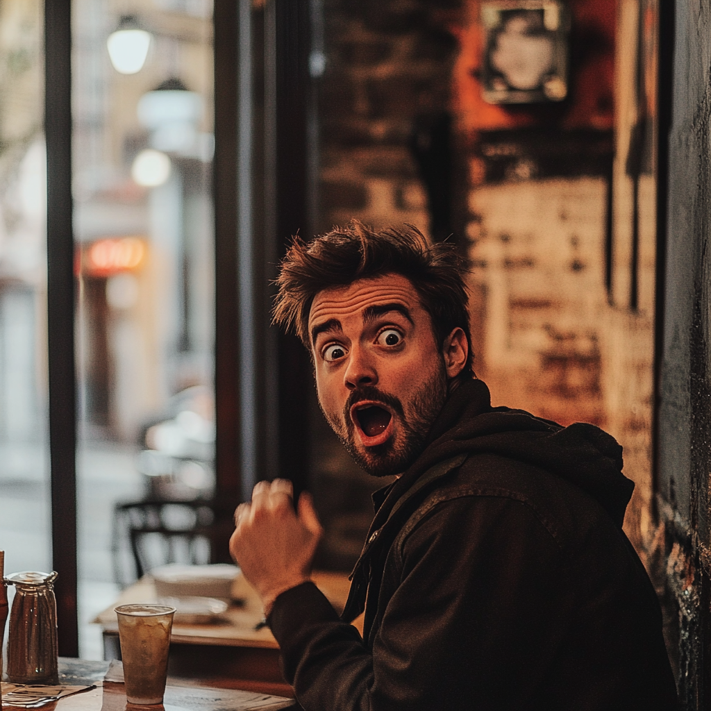 a shocked man sitting in a cafe | Source: Midjourney