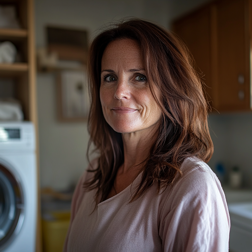 A cleaning lady standing in a laundry room has a clever smile on her face | Source: Midjourney