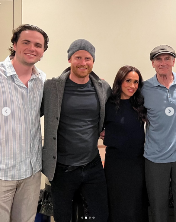 Prince Harry and Meghan pose backstage with James Taylor and another guest after the concert | Source: Instagram/meghan