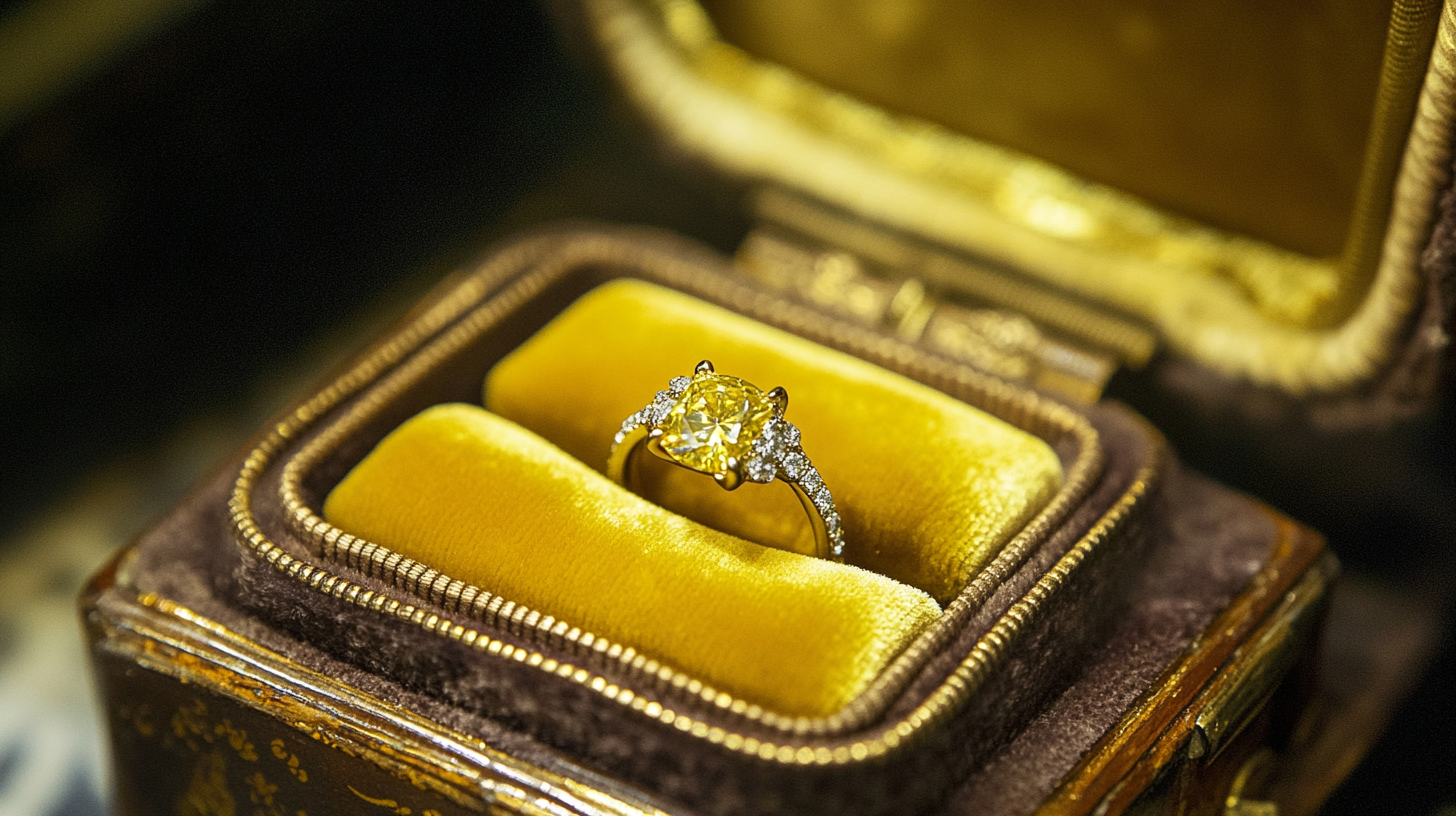 Engagement yellow diamond ring in a velvet box | Source: Midjourney