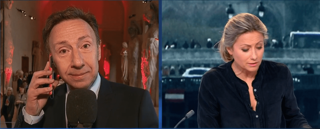 Stéphane Bern au bord des larmes en direct sur France 2, lors de l'incendie qui a ravagé la cathédrale Notre-Dame de Paris. | Capture d'écran sur Femme Actuelle.