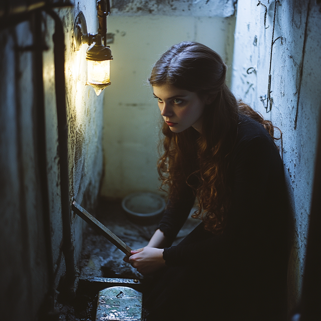 A woman closing the hatch in the basement | Source: Midjourney