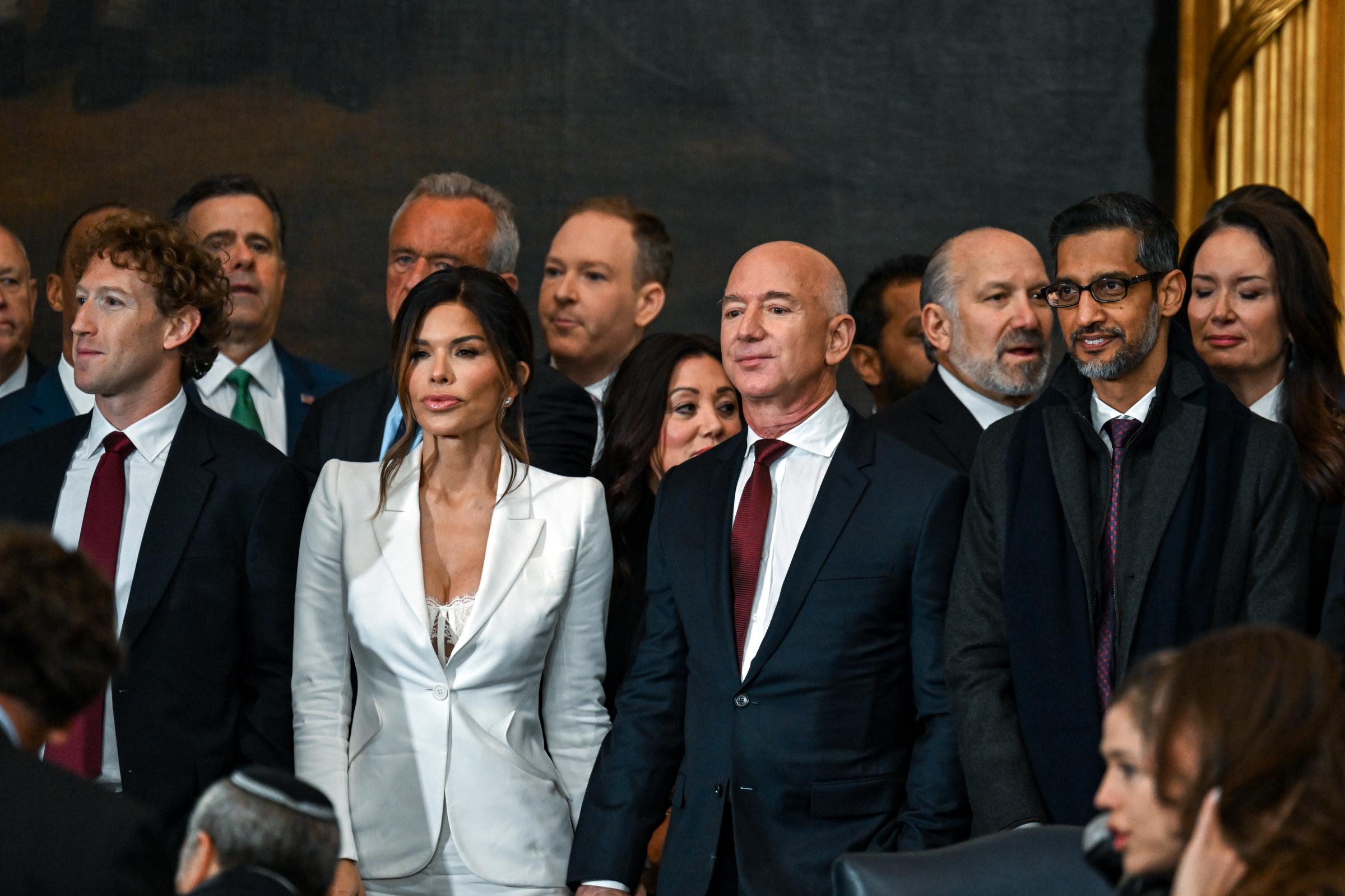 Mark Zuckerberg, Lauren Sanchez, Jeff Bezos, Sundar Pichai, and Elon Musk at the 60th presidential inauguration | Source: Getty Images